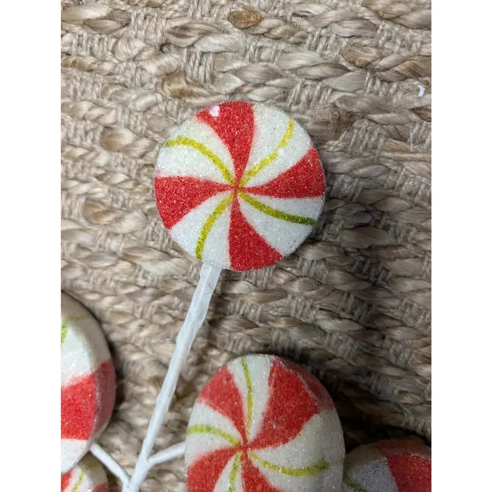 5 Frosted Red & White Peppermint Swirl Picks Holiday Christmas Decor, 16